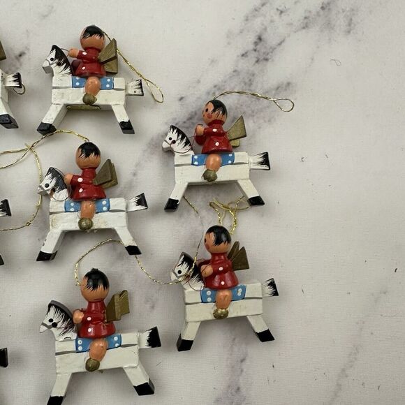 Vintage Wood Mini Christmas Tree Ornament Set of 11 White Horses Angels - Picture 4 of 7